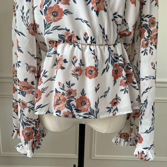 June & Hudson Bell Sleeve Crossfront Peplum Blouse Floral Chiffon M - Picture 7 of 9